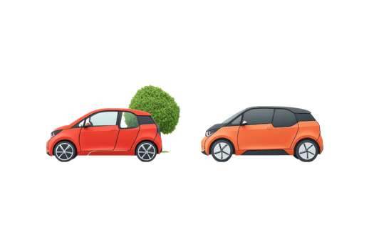 Two compact cars, one red with a green bush on top, and one orange, create a playful scene highlighting eco-friendliness and urban mobility. png
