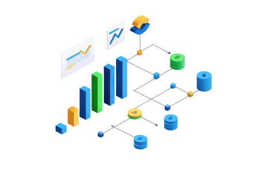 A colorful isometric representation of graphs and data analytics elements, including bar charts and circular graphs. png