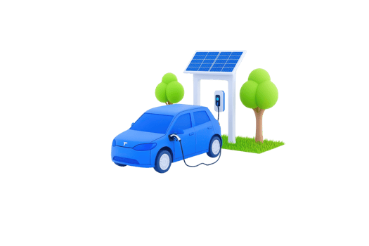 A blue electric car charging at a station with solar panels and green trees nearby. png