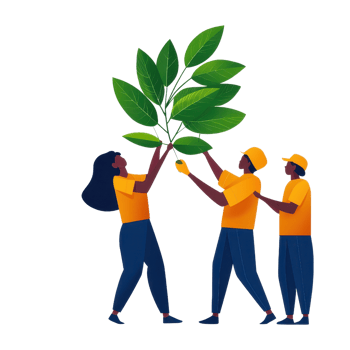 Three people holding a large plant with green leaves, symbolizing teamwork and environmental care. png