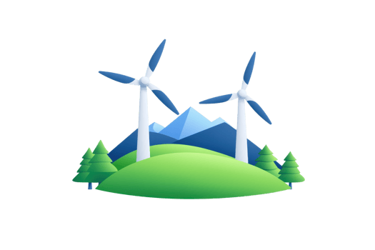 Two wind turbines stand on a green hill, surrounded by mountains and trees, symbolizing renewable energy and sustainability. png