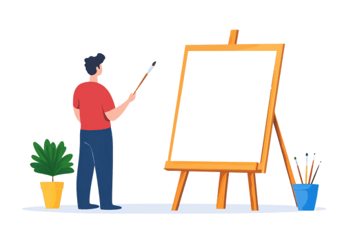 A person stands with a paintbrush in hand, facing a blank canvas on an easel, surrounded by plants and art supplies. png