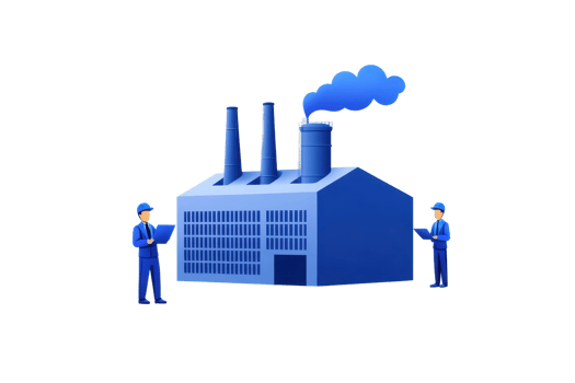 A blue factory with three smokestacks and two workers in blue uniforms. png