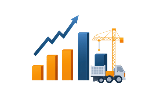 A graphic representation of growth, featuring bar charts and a construction crane alongside a truck, symbolizing progress and development. png