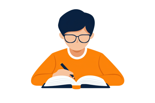 A young person in glasses writes in a book, wearing an orange sweater, focused on their studies. png