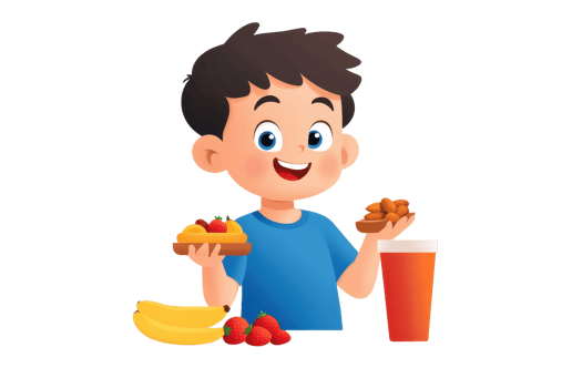 A cheerful boy holds a plate of food in one hand and a snack in the other, with a drink beside him, showcasing a healthy and happy eating moment. png