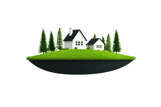A small, serene landscape featuring two white houses surrounded by lush green trees on a grassy island. png