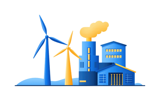 A modern industrial scene featuring wind turbines and a factory emitting smoke, showcasing renewable energy and industrial production. png