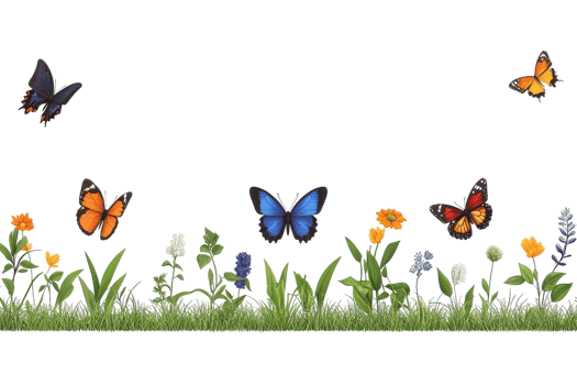 Colorful butterflies flutter among vibrant flowers and lush grass, creating a lively scene of nature's beauty. png