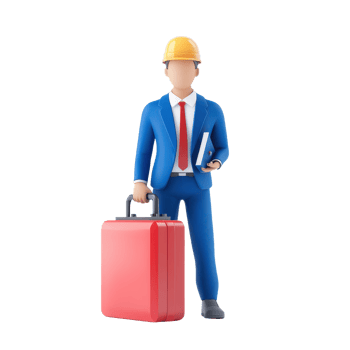 A businessperson in a blue suit holds a briefcase and a book while wearing a hard hat, symbolizing professionalism and readiness in a construction or corporate environment. png