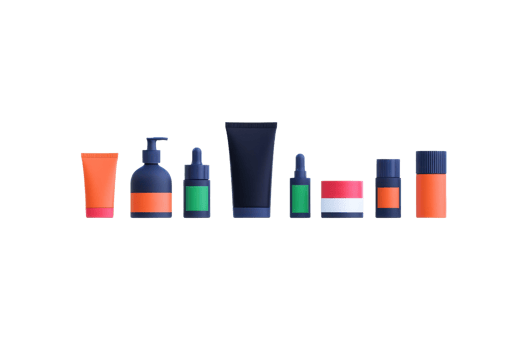 A collection of various cosmetic and skincare products displayed in sleek packaging, featuring a mix of shapes and vibrant colors. png