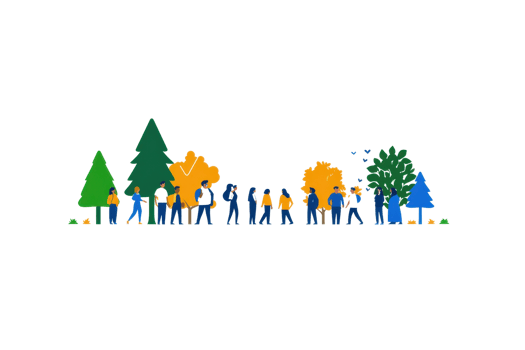 A colorful illustration featuring a variety of trees and people engaged in outdoor activities. png
