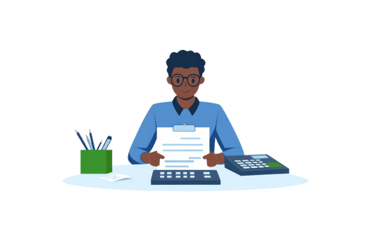 A person sitting at a desk, reviewing documents, with a calculator, stationery, and a notepad. png