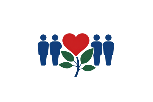 An illustration featuring four figures and a heart, surrounded by leaves, symbolizing love and connection among people. png
