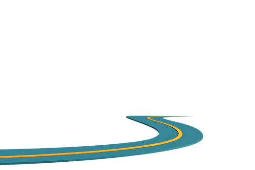 A winding road curves to the right, marked by a blue surface and a yellow line, suggesting a journey or direction. png