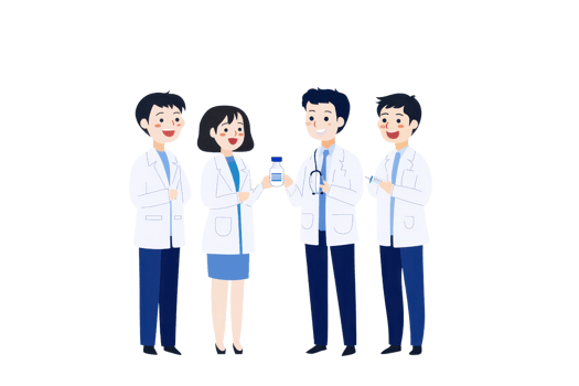 Four healthcare professionals in lab coats engage in a discussion, with one holding a small bottle. png