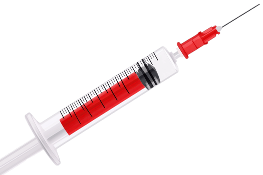 A syringe filled with red liquid against a transparent background, symbolizing medical procedures or blood-related themes. png