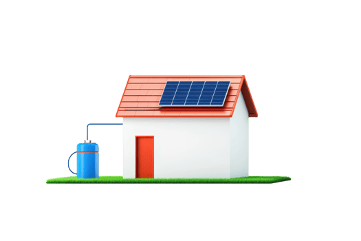 A small house with a red roof featuring solar panels and a water tank, emphasizing sustainable energy and resource management. png
