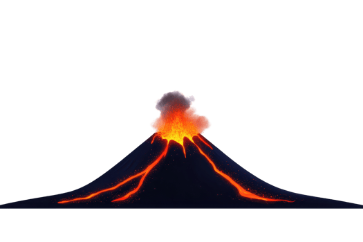 A volcanic eruption displays molten lava streaming down the sides, with a large plume of ash billowing from the summit. png