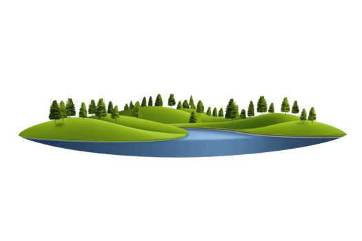 A serene landscape featuring rolling green hills, a winding river, and clusters of trees, creating a peaceful natural scene. png