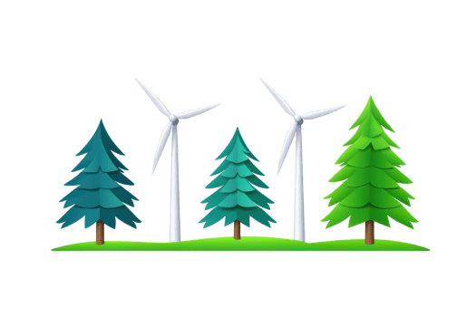 A vibrant illustration featuring stylized trees alongside wind turbines, symbolizing renewable energy and nature. png