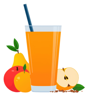 A vibrant glass of orange juice with a straw, surrounded by various fresh fruits including apple, orange, and pear. png