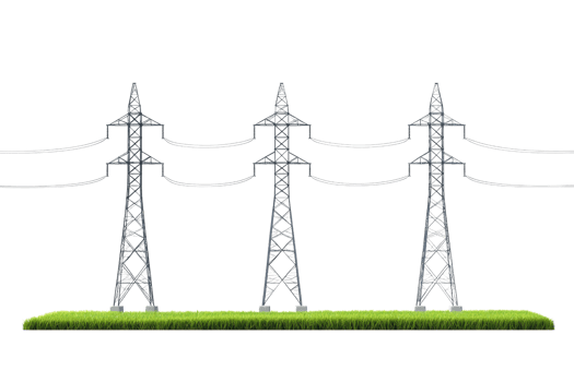 Three electrical towers stand prominently, showcasing their structure and power lines above a patch of green grass. png