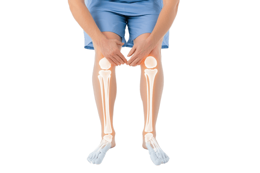 A person is sitting with knees bent, displaying highlighted leg bones and joints, emphasizing anatomy and skeletal structure. png