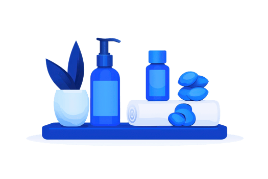A collection of blue cosmetic bottles, a plant, and spa stones displayed on a tray. png