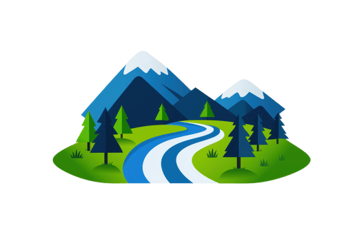 A vibrant landscape featuring a winding river surrounded by mountains and evergreen trees. png