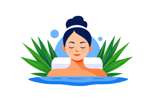 A serene woman relaxes in a spa setting, enjoying a soothing water experience surrounded by lush greenery. png