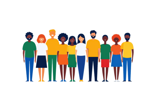 A diverse group of stylized people standing together, showcasing various hairstyles, colors, and clothing styles. png