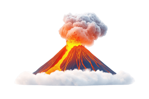 A vibrant volcano erupts, emitting ash and lava, with a billowing cloud of smoke forming above its summit. png