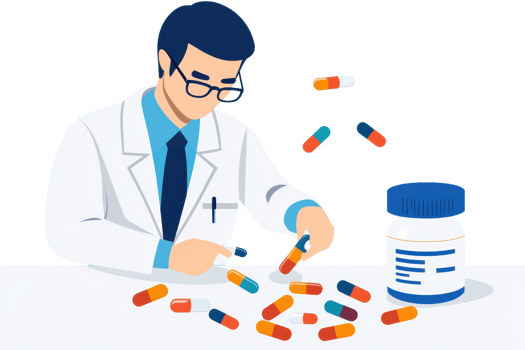 A pharmacist organizes colorful capsules next to a prescription bottle, embodying the essence of health and medicine. png