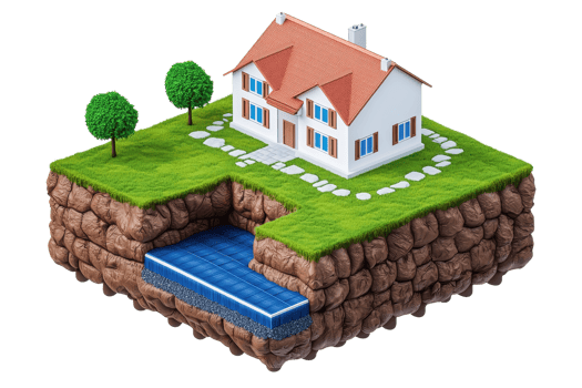 A stylized house with a red roof, surrounded by greenery, built on a textured terrain featuring a small water feature. png