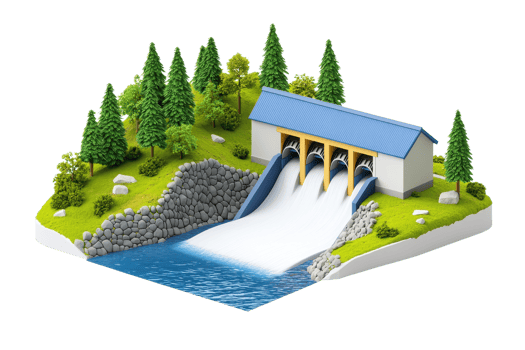 A model of a dam with flowing water, surrounded by greenery, featuring a blue roof and multiple water outlets. png