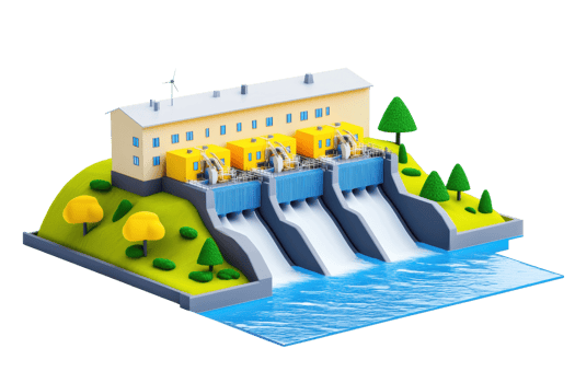 A colorful, stylized hydroelectric power station with three water turbines and a flowing river, surrounded by trees and shrubs. png