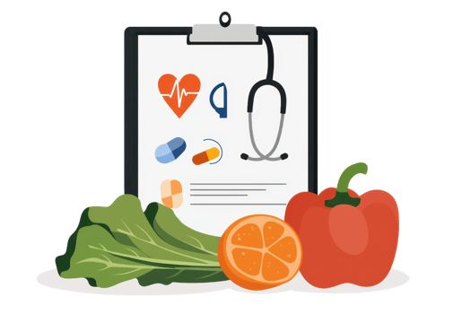 A clipboard featuring health-related symbols alongside fresh vegetables and fruits, emphasizing nutrition and wellness. png