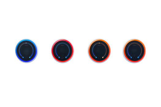 Four circular knobs with varying illuminated edges in blue, red, and orange, showcasing a sleek design and modern aesthetic. png