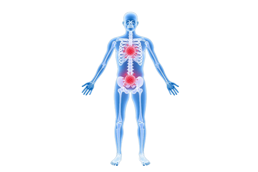 A human figure with a visible skeletal structure and highlighted areas indicating pain or focus points in the torso. png