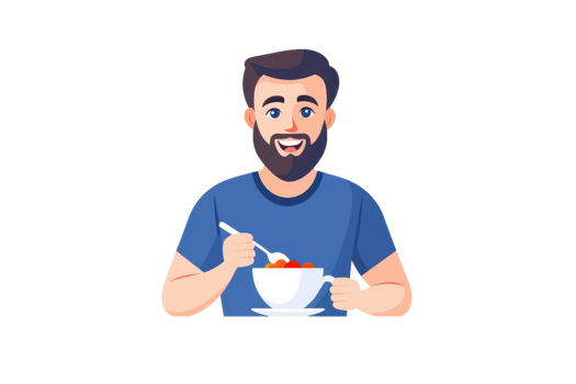 A cheerful man with a beard enjoys a bowl of food, holding a spoon and smiling. png