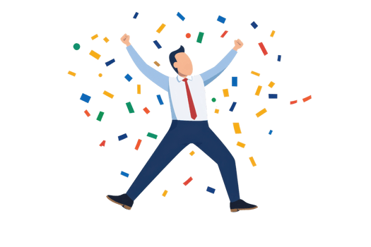 A joyful person celebrates with raised arms, surrounded by colorful confetti. png