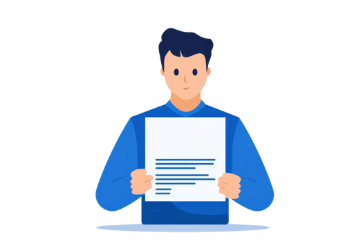 A person holding a document with written content, displaying a neutral expression and wearing a blue shirt. png
