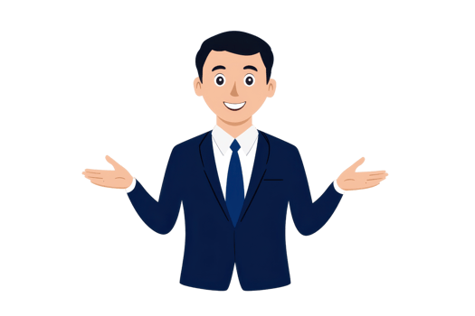 A smiling man in a suit with outstretched arms, conveying openness and engagement. png