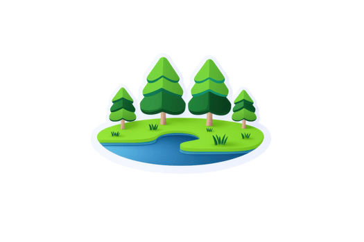 A stylized representation of trees and a small body of water surrounded by grass in a vibrant green landscape. png