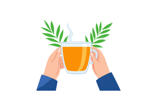 A pair of hands holds a steaming cup of tea, surrounded by green leaves, symbolizing warmth and nature. png
