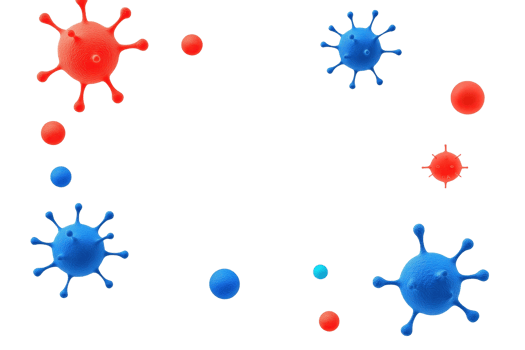 Colorful virus-like particles in red and blue exhibit various sizes and shapes, representing microbial entities. png