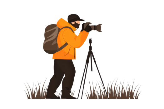 A photographer in an orange jacket captures images using a camera mounted on a tripod, surrounded by grass. png