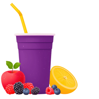 A vibrant purple cup filled with a colorful assortment of fresh fruits, including an apple, berries, and a lemon. png