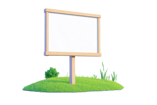A wooden signboard stands on lush green grass, featuring a blank white space for messages or advertisements. png